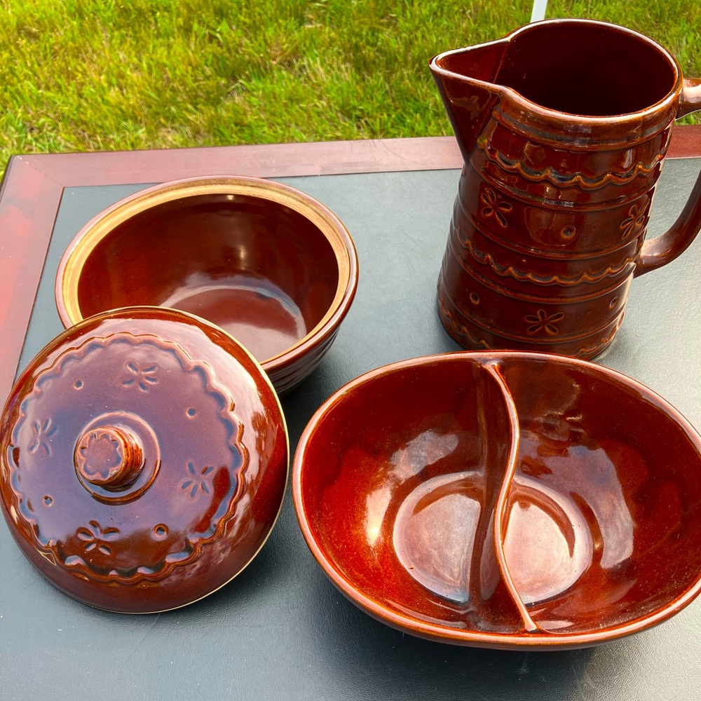 VINTAGE Never Used! MARCREST Covered Casserole Dish, Pitcher,Divided Veggie Bowl